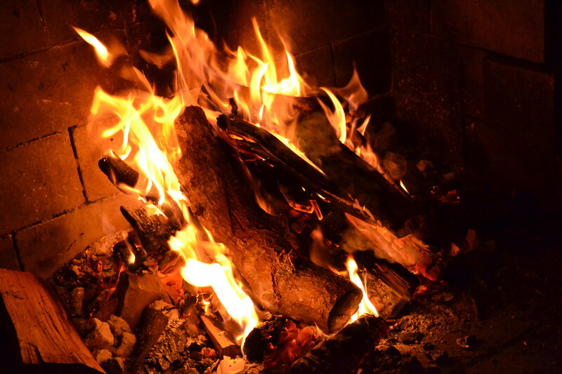 Fire Burning in Fireplace — Orange, Warm, Night, Photograph, Logs, Flames, Ash