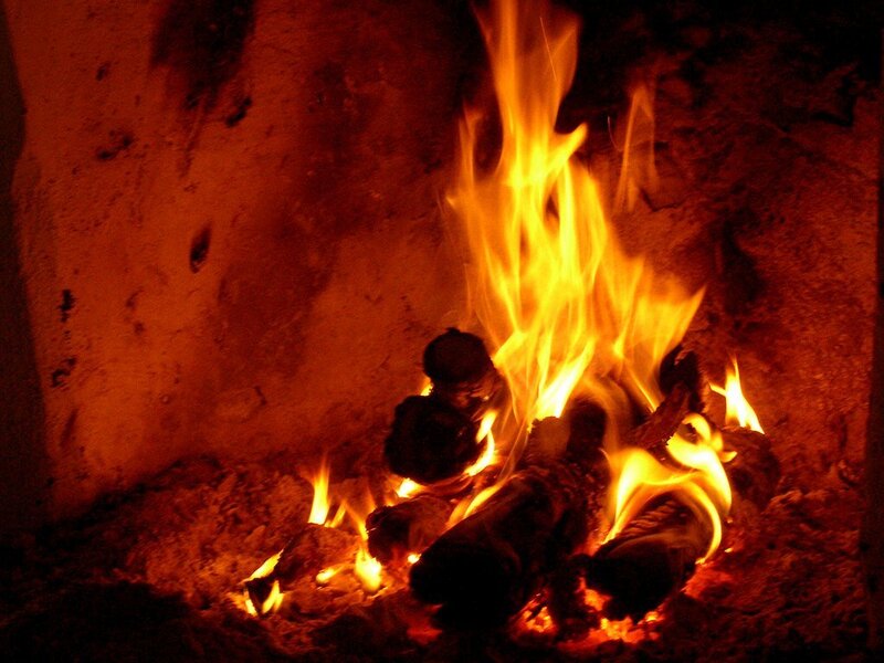 Fire Burning in Fireplace — Orange, Warm, Night, Photograph, Logs, Flames, Ash, Yellow