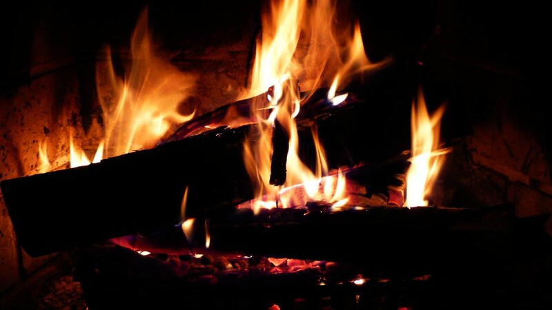 Fire Burning in Fireplace — Orange, Warm, Night, Photograph, Logs, Flames, Embers, Black