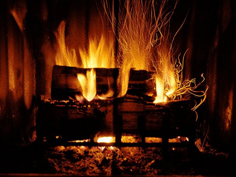 Fire Burning in Fireplace — Orange, Warm, Night, Photograph, Logs, Flames, Sparks, Black