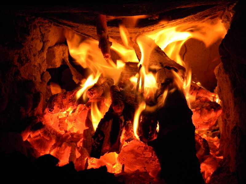 Fire Burning in Fireplace — Orange, Warm, Night, Photograph, Logs, Flames
