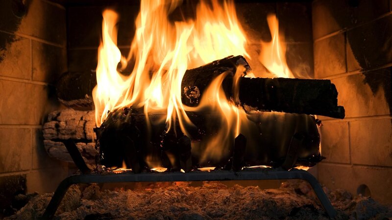 Fire Burning in Fireplace — Orange, Warm, Night, Photograph, Logs, Grate