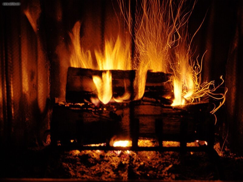 Fire Burning in Fireplace — Orange, Warm, Night, Photograph, Logs