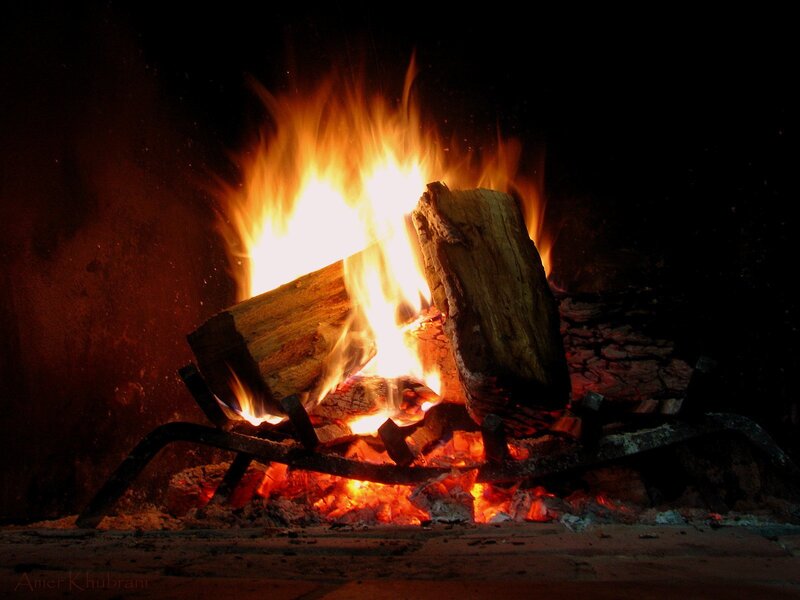 Fire Burning in Fireplace — Orange, Warm