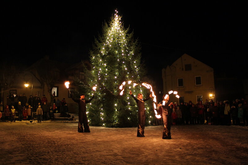 Fire Dancers at Night — Black, Festive