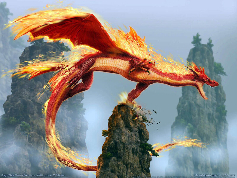 Fire dragon in mountain landscape