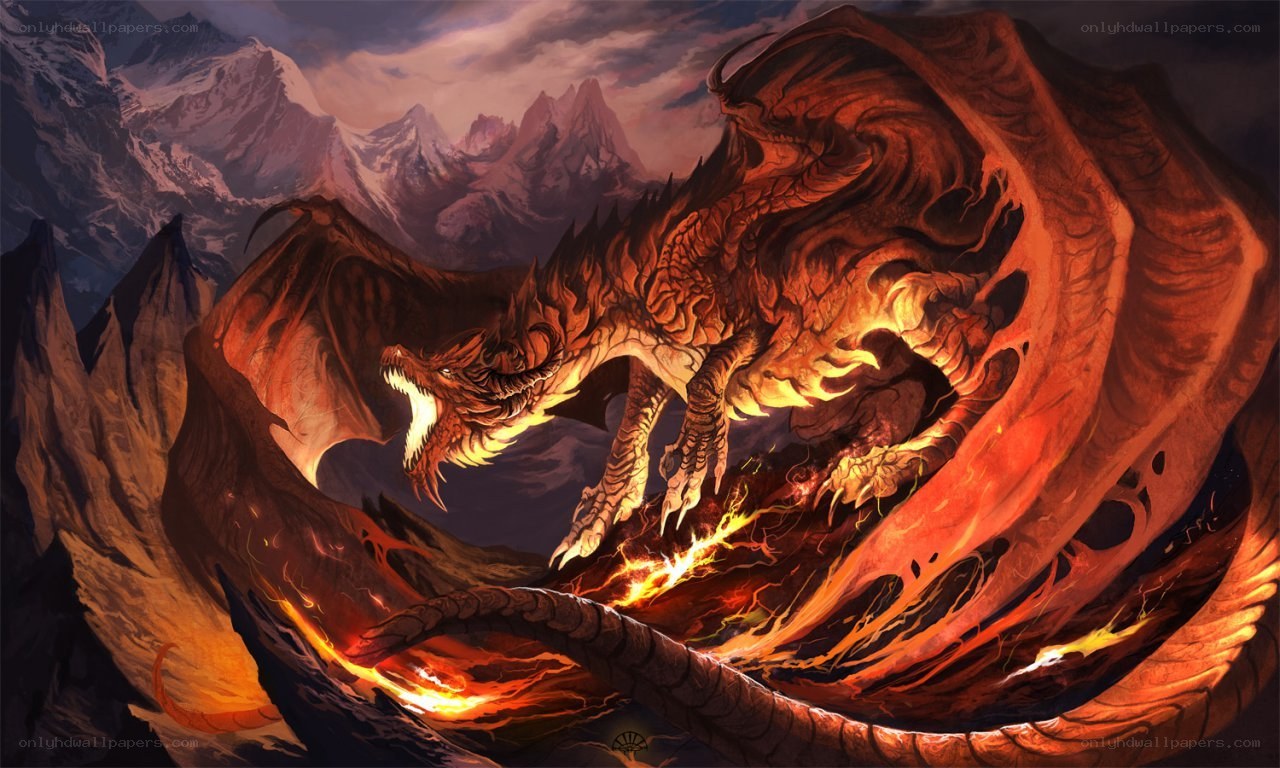 Fire dragon in mountain landscape