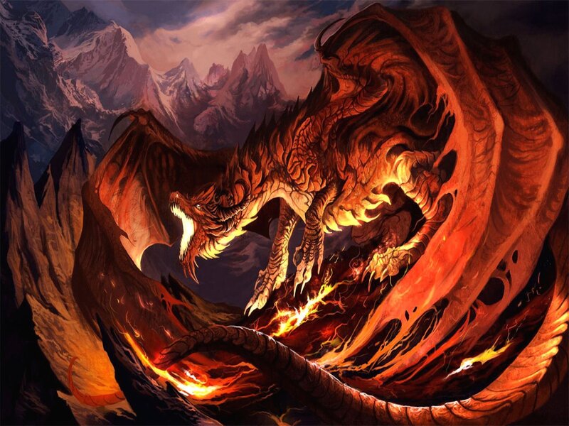 Fire Dragon in Mountains — Red