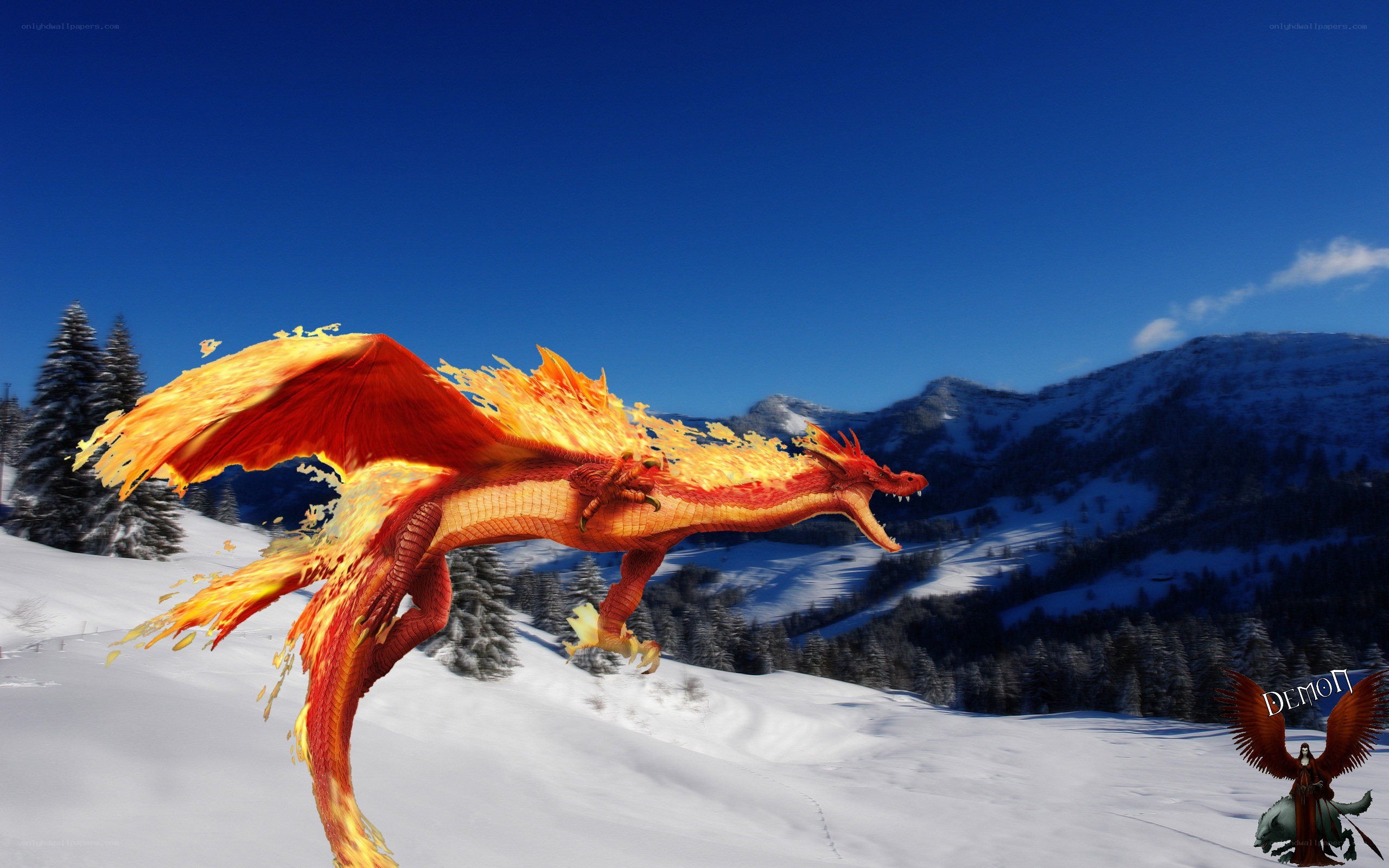 Fire dragon in snowy mountains