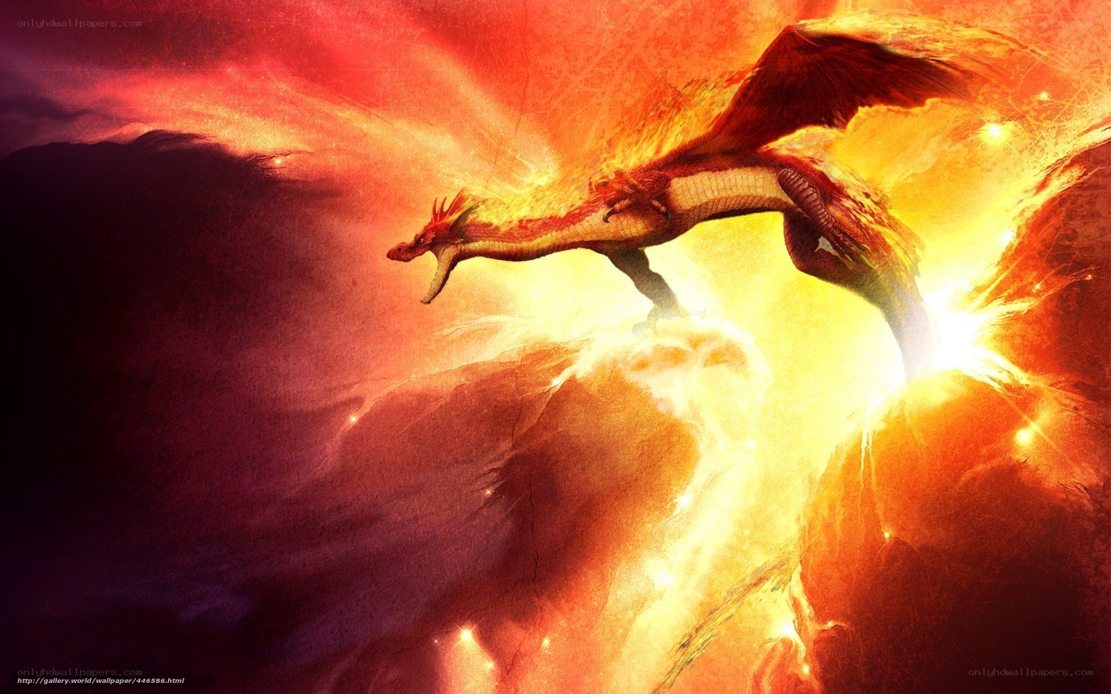 Fire dragon in volcanic landscape