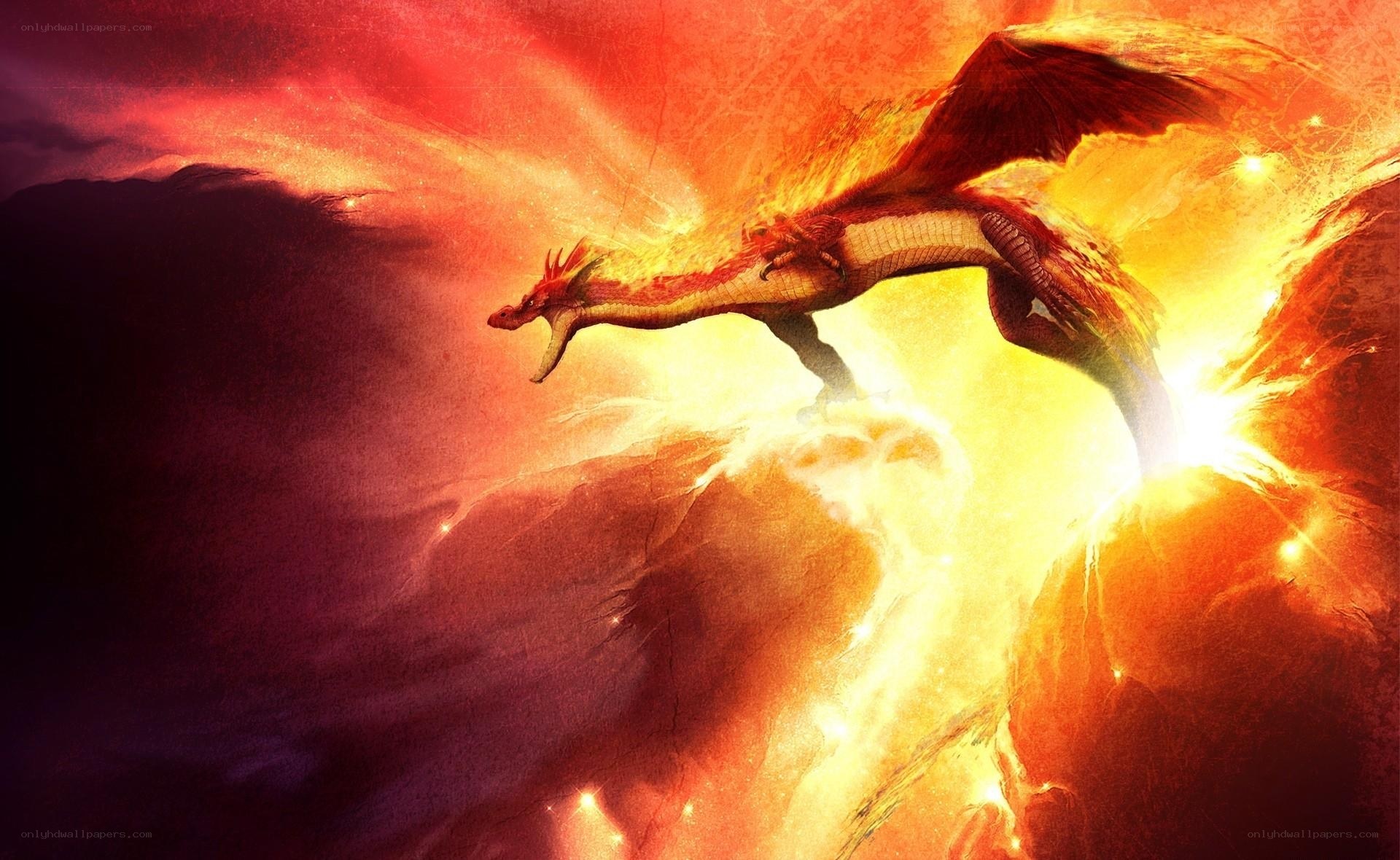Fire dragon in volcanic landscape