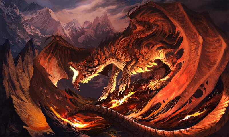 Fire Dragon on Mountain — Red, Dramatic