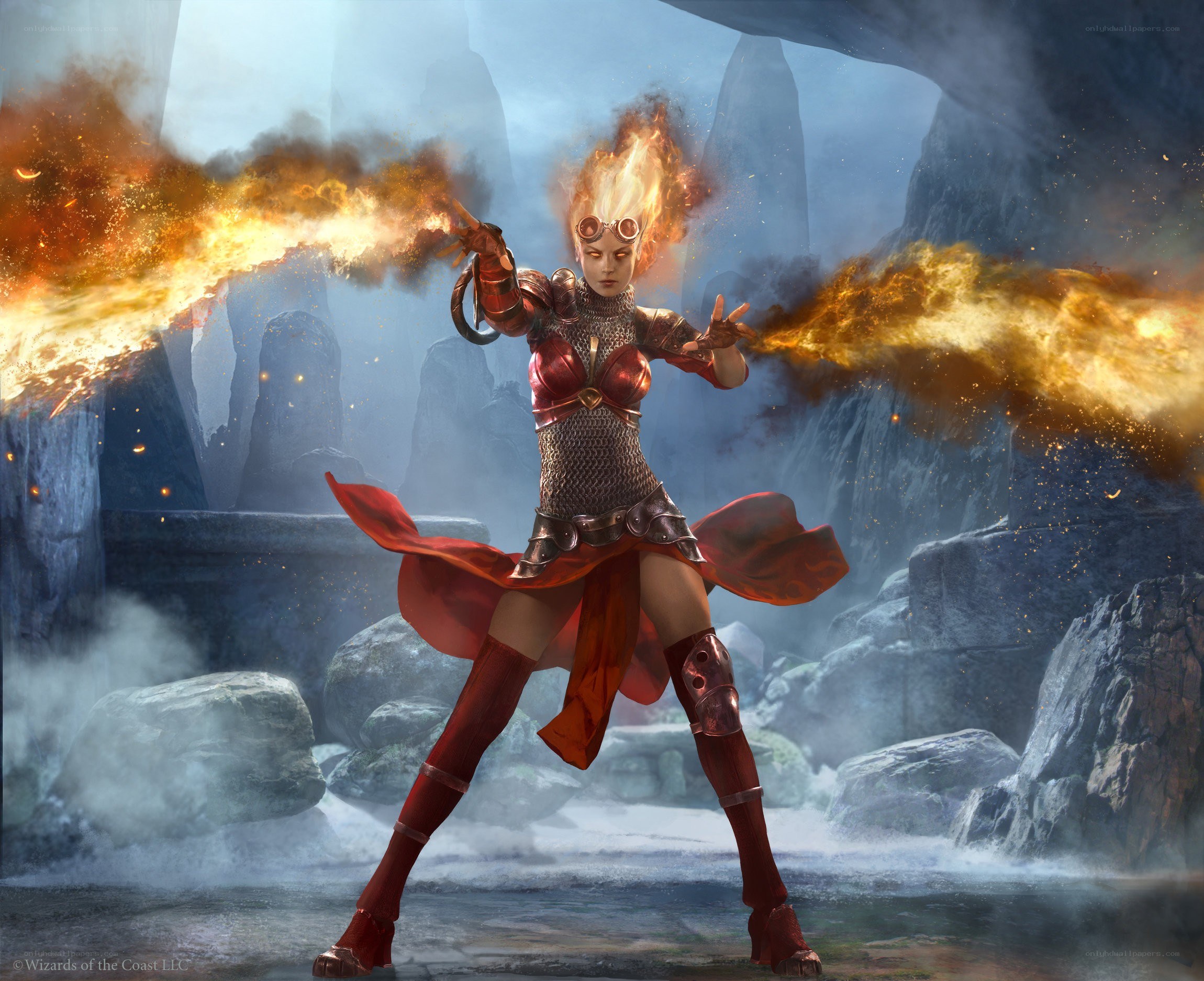 Fire mage in a rocky landscape