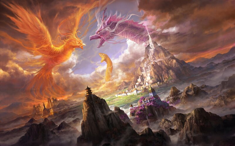 Fire Phoenix and Purple Dragon