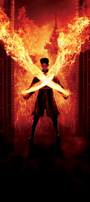 fire-powered superhero stands in flames