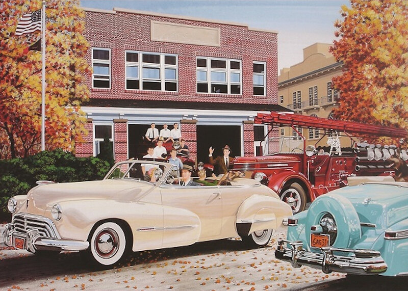 Fire Station with Vintage Cars