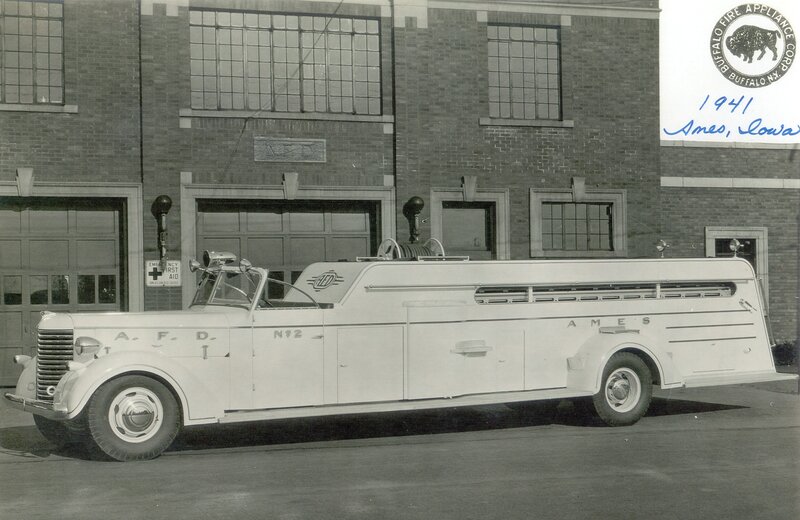 Fire truck in front of station