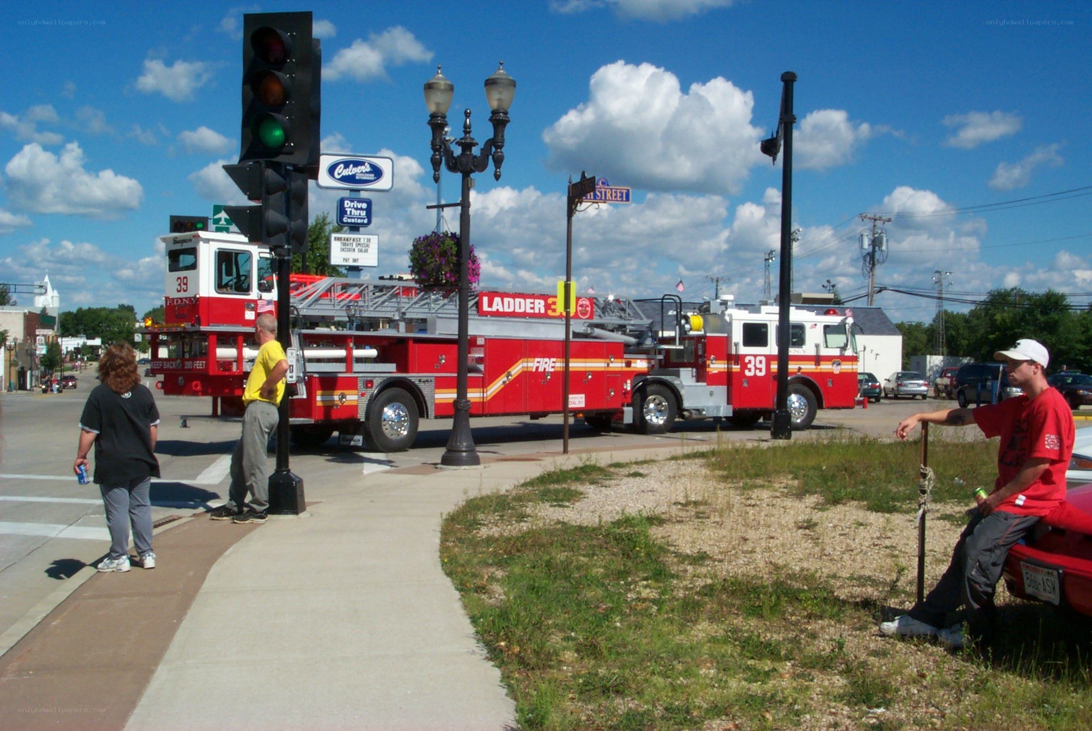Fire trucks at a street intersection