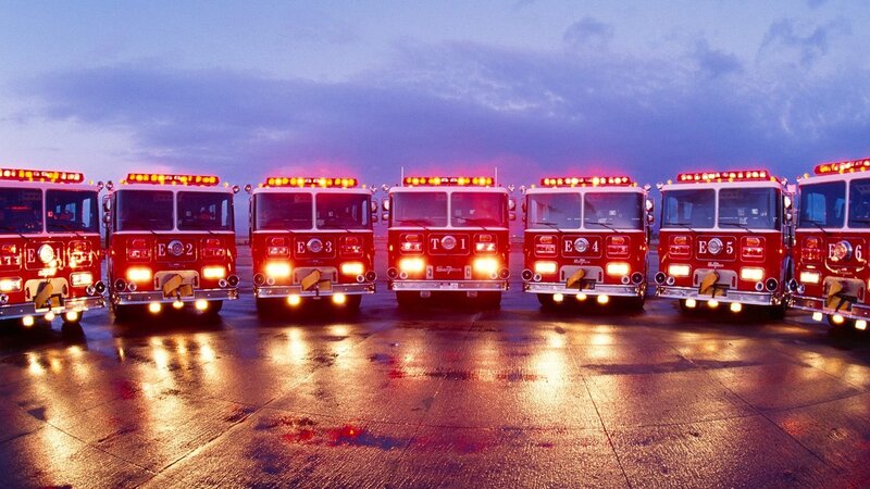 Fire trucks at dusk