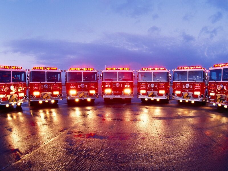 Fire Trucks in a Row — Red, Dramatic