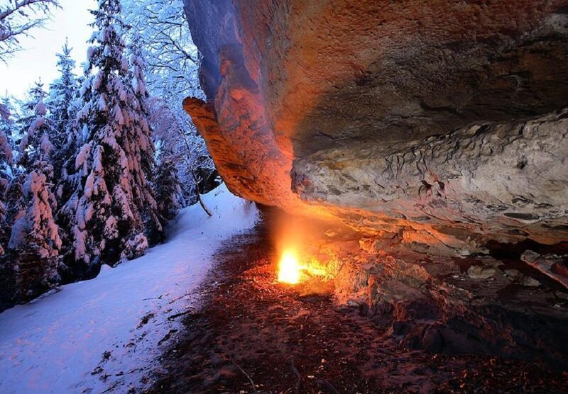 Fire under Rock Overhang
