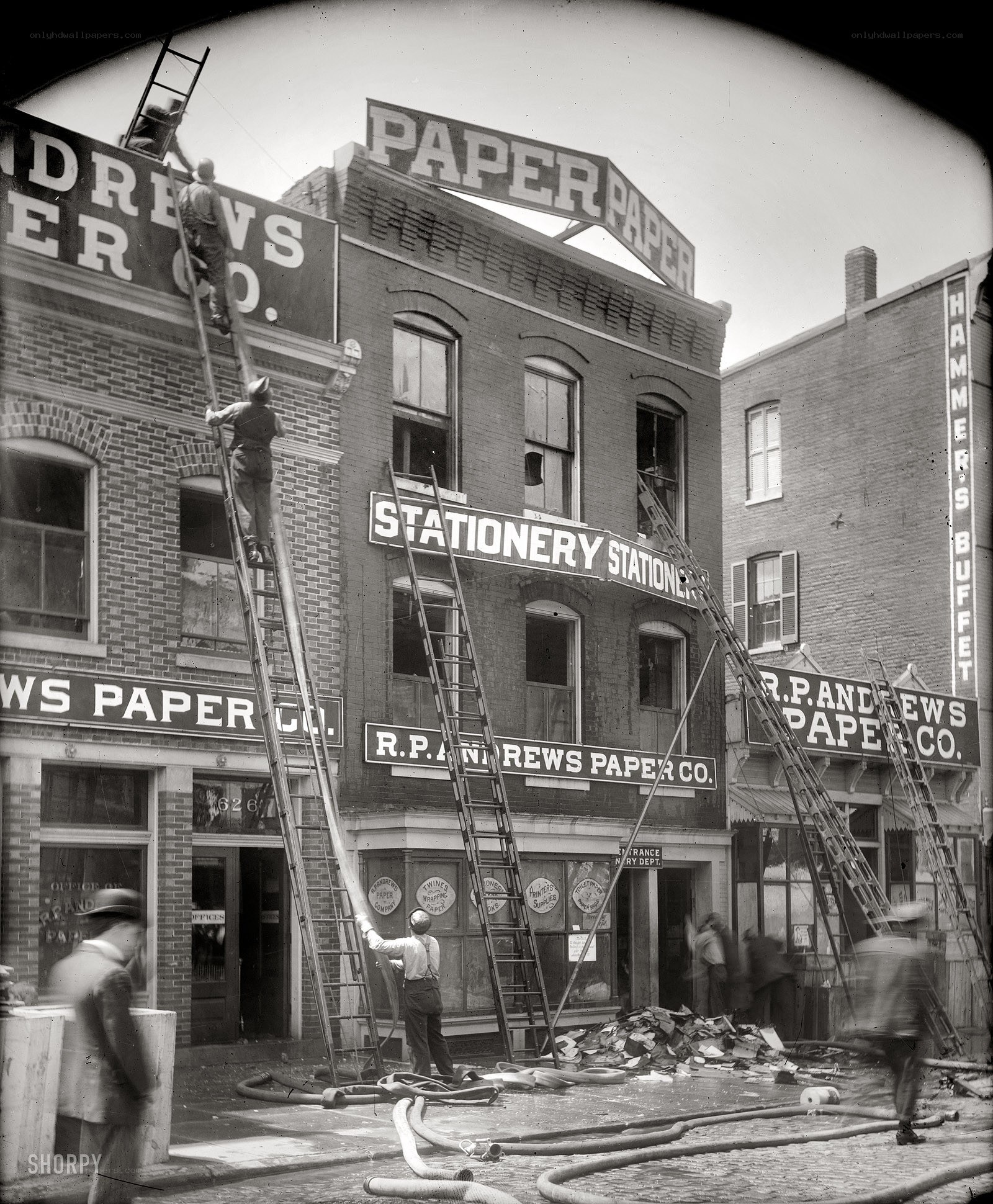 Firefighters at a paper store