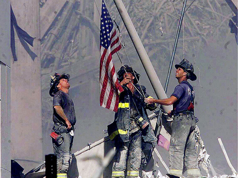 Firefighters Raising Flag — Gray, Dramatic