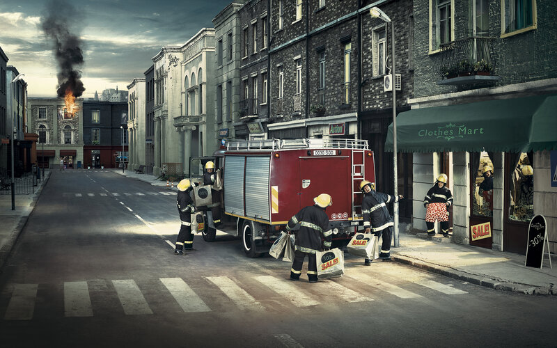 Firefighters with Shopping Bags