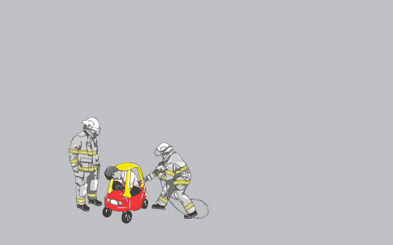 Firefighters with Toy Car — Gray, Calm, Illustration