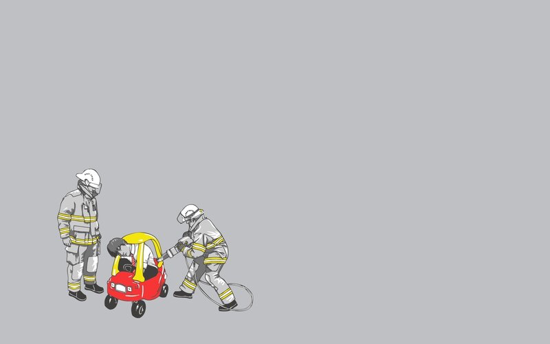 Firefighters with Toy Car — Gray, Calm