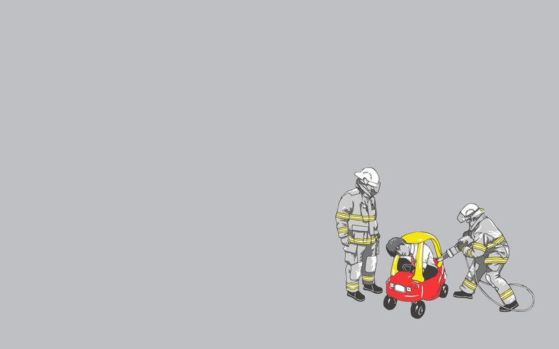 Firefighters with Toy Car — Gray, Humorous