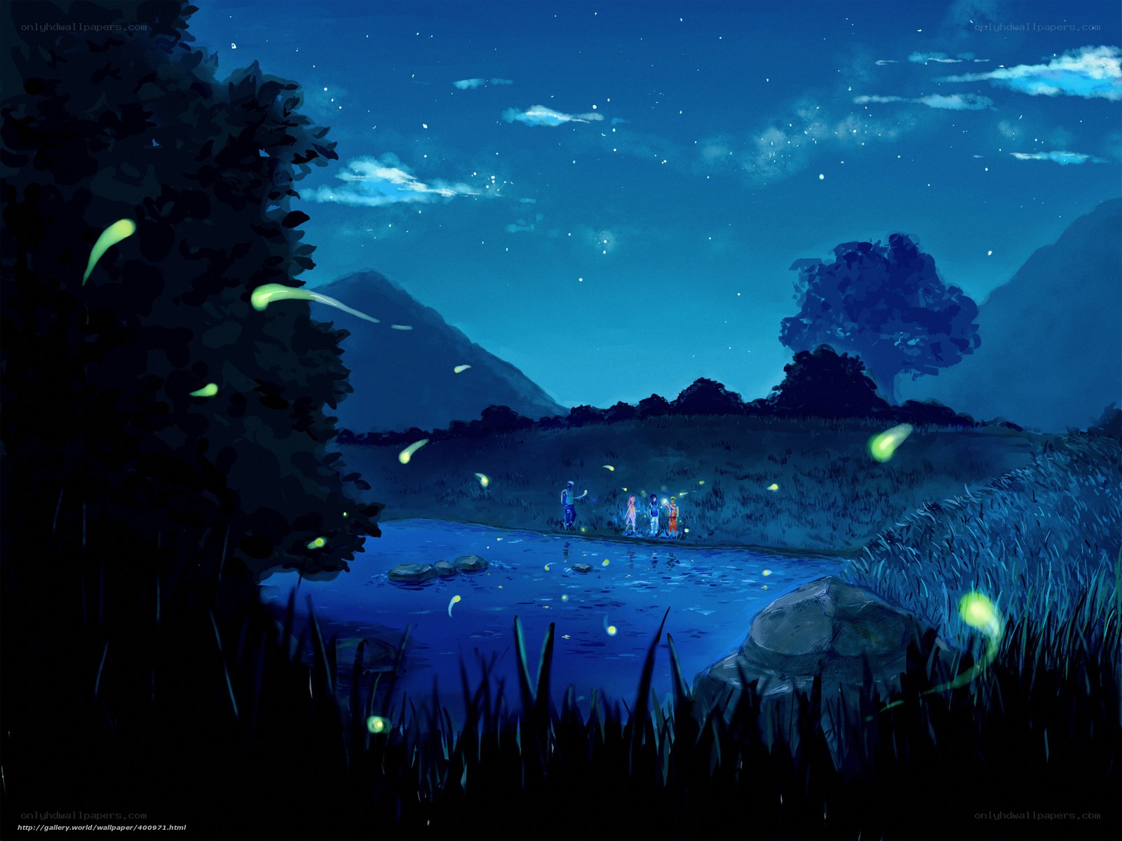 Fireflies at a lakeside at night