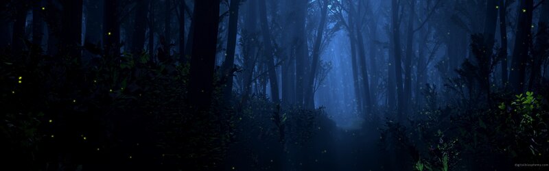 Fireflies in Dark Forest — Blue, Mysterious, Night