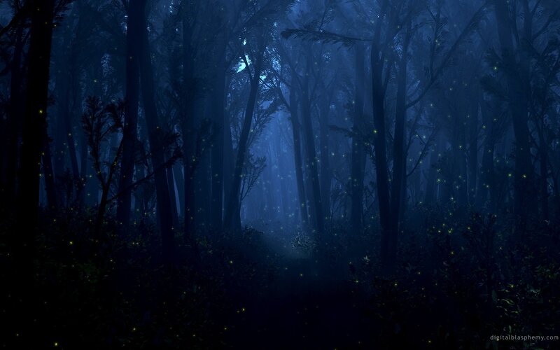 Fireflies in Dark Forest — Blue, Mysterious