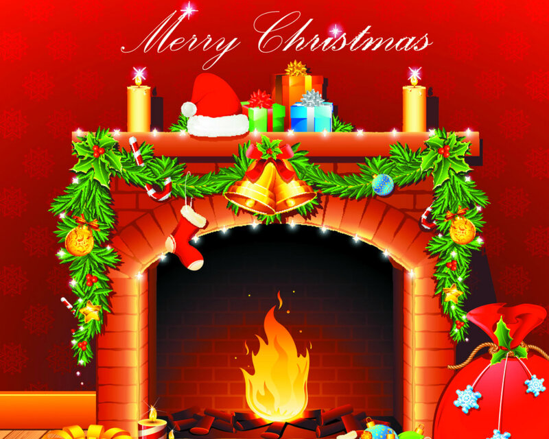 Fireplace with Christmas Decorations — Red