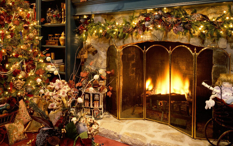 Fireplace with Christmas Tree — Red