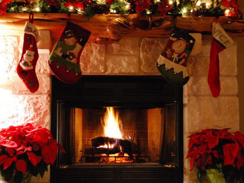 Fireplace with Stockings — Red, Cozy, Winter, Photograph