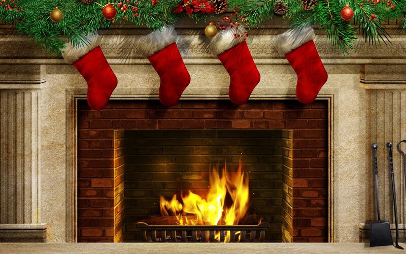 Fireplace with Stockings — Red, Festive