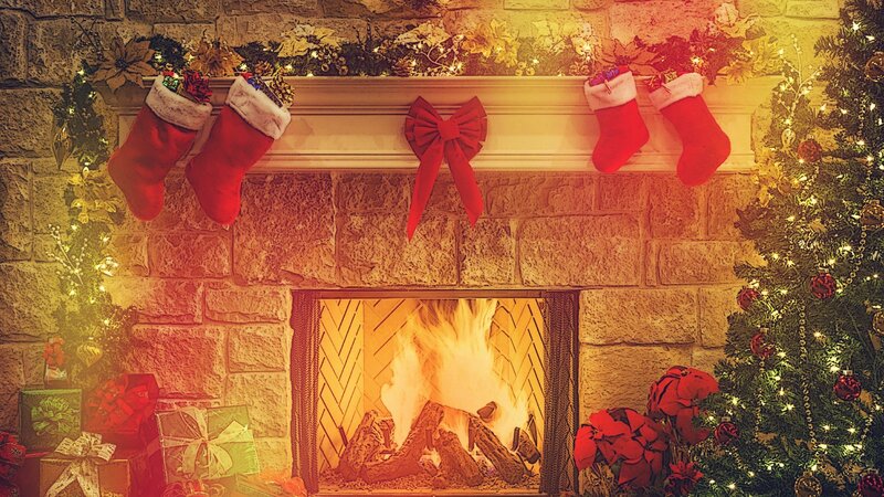 Fireplace with Stockings — Red, Festive, Winter, Photograph