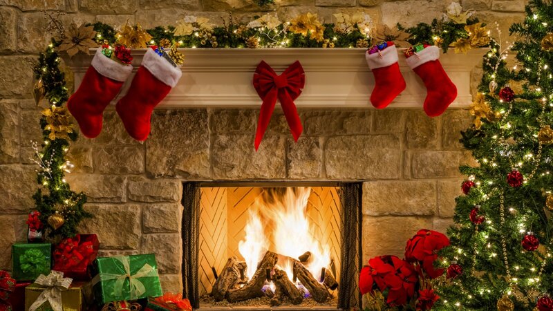 Fireplace with Stockings — Red, Festive, Winter