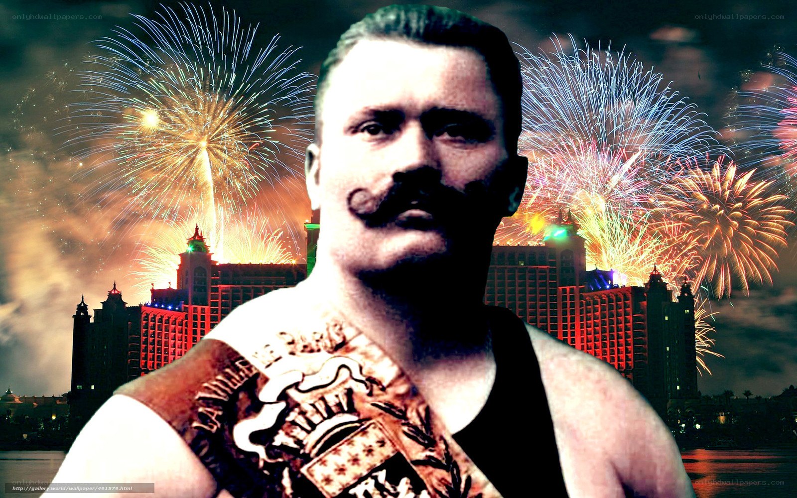 Fireworks behind wrestler