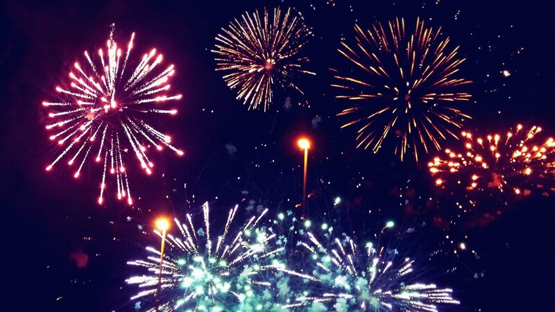 Fireworks Display at Night — Black, Festive, Photograph, Streetlights, Sky