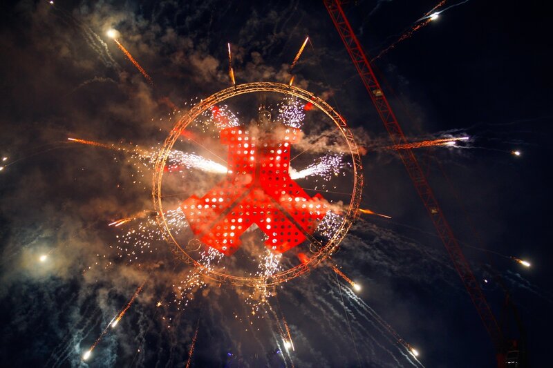 Fireworks Display at Night — Red, Dramatic, Photograph, Crane
