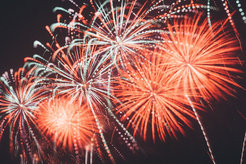 Fireworks Display at Night — Red, Festive, Photograph, Explosions