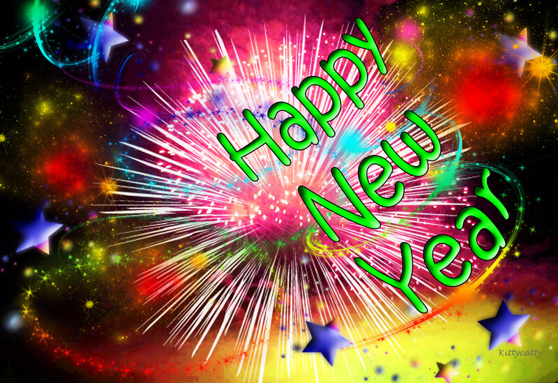 Fireworks Display — Green, Festive, Night, Digital Art, Stars, Text