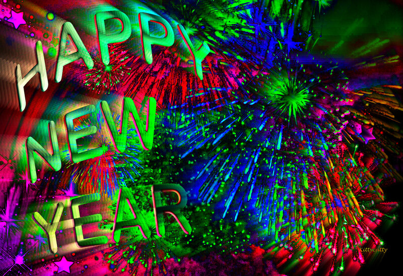 Fireworks Display — Green, Festive, Night, Digital Art, Stars