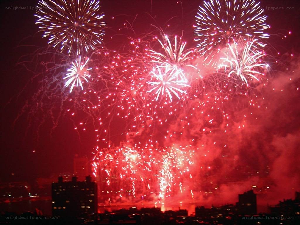 Fireworks display over city