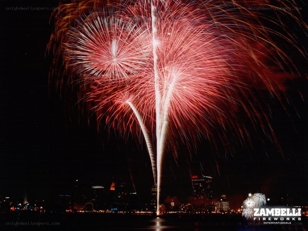 Fireworks display over city