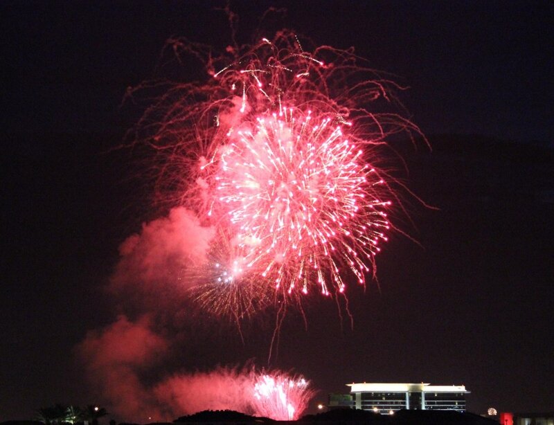 Fireworks Display — Red, Dramatic, Night, Photograph, Building