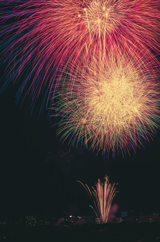 Fireworks Display — Red, Dramatic, Night, Photograph, City Skyline